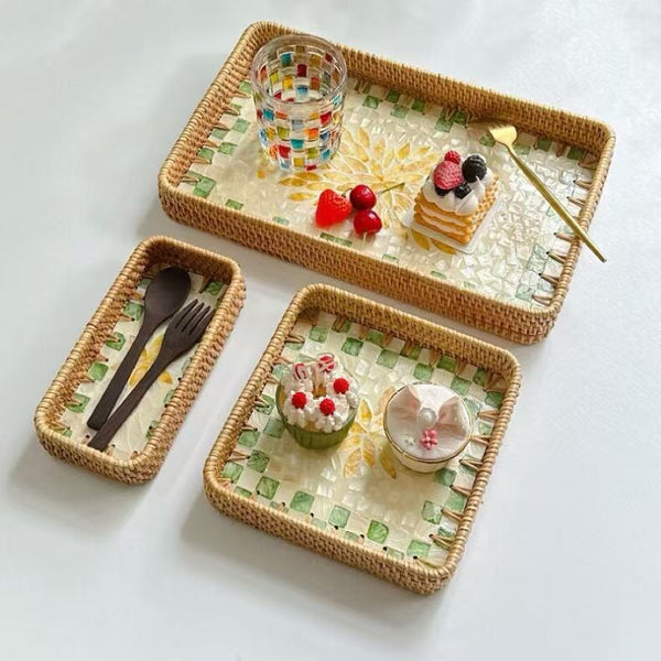 Set of 3 Rattan Trays with Capiz Shell Inlay Coastal Boho Decor