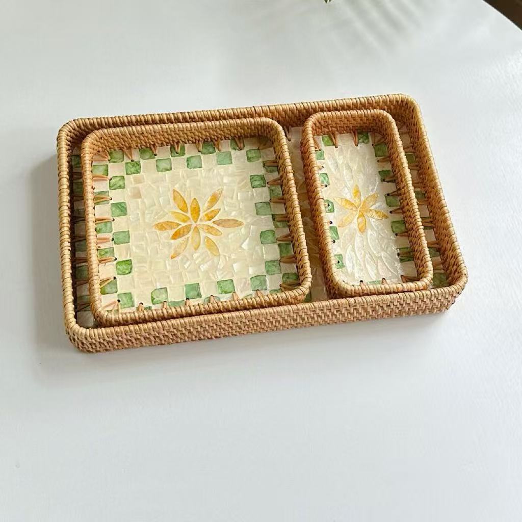Set of 3 Rattan Trays with Capiz Shell Inlay Coastal Boho Decor