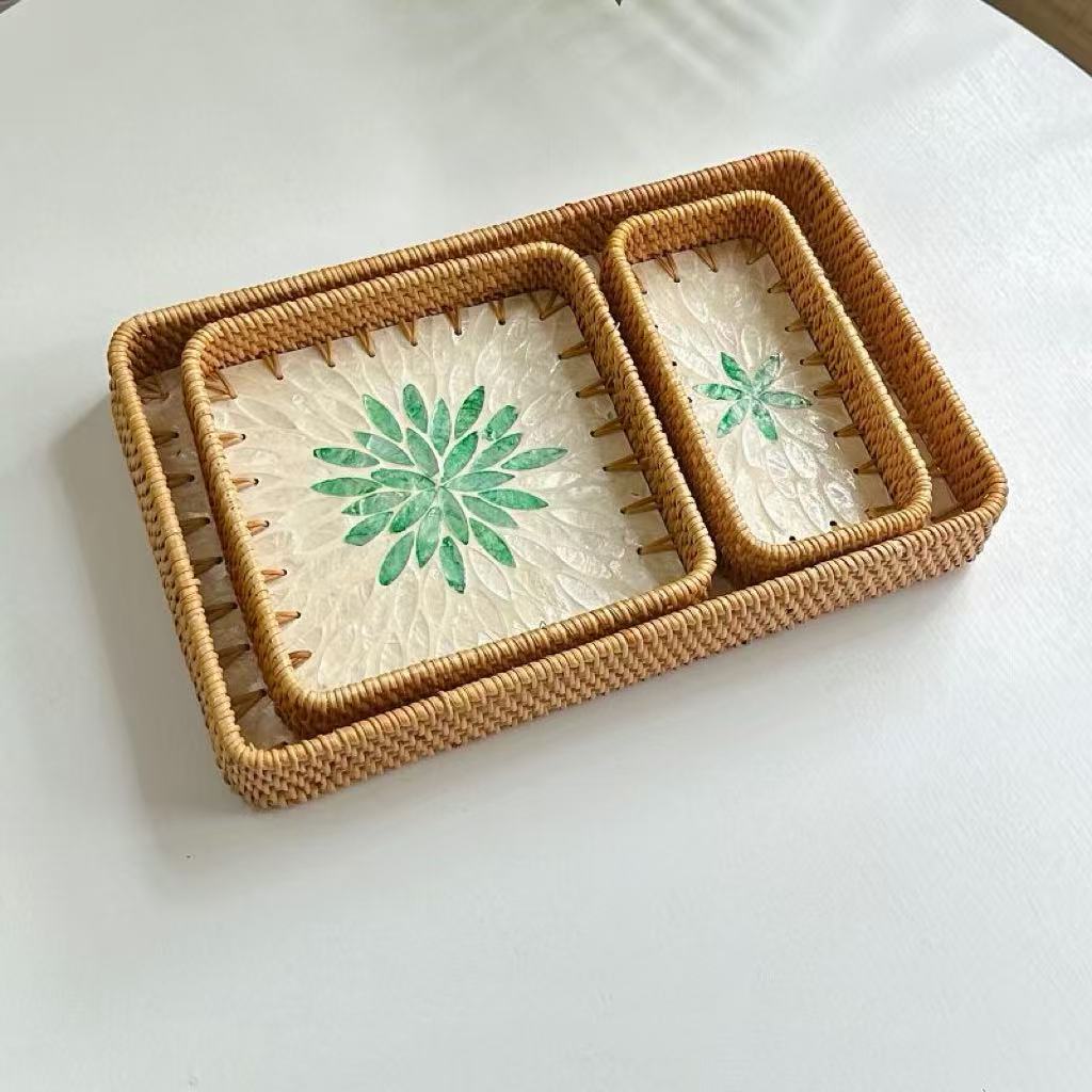 Set of 3 Rattan Trays with Capiz Shell Inlay Coastal Boho Decor