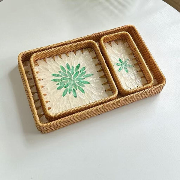 Set of 3 Rattan Trays with Capiz Shell Inlay Coastal Boho Decor