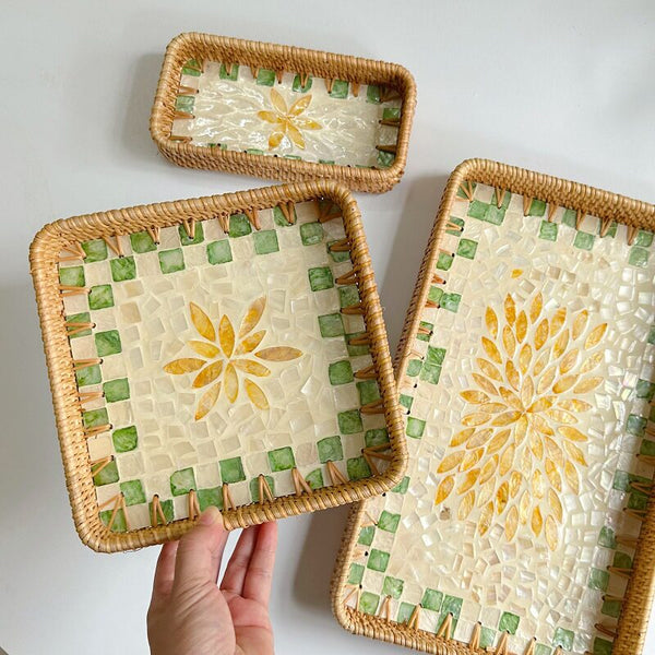 Set of 3 Rattan Trays with Capiz Shell Inlay Coastal Boho Decor