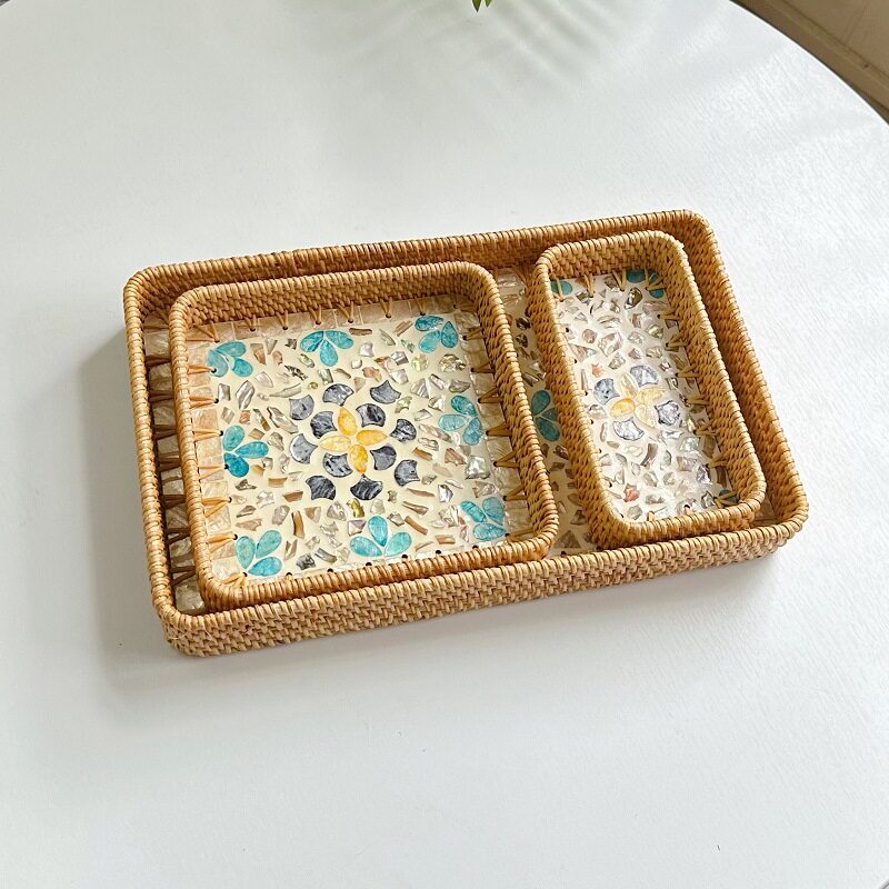 Set of 3 Rattan Trays with Capiz Shell Inlay Coastal Boho Decor