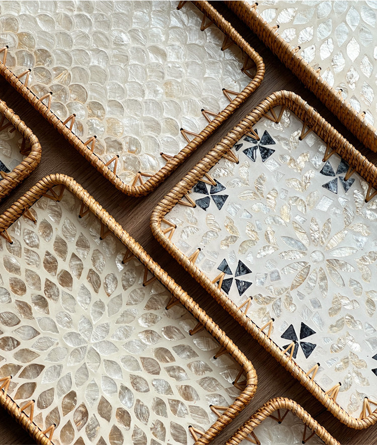Set of 2 Handmade Rectangular Rattan Tray with Mother of Pearl Inlay
