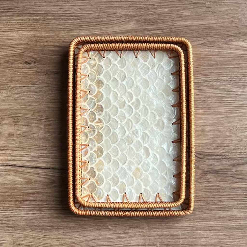 Set of 2 Handmade Rectangular Rattan Tray with Mother of Pearl Inlay