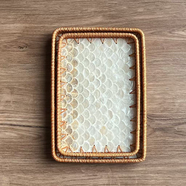 Set of 2 Handmade Rectangular Rattan Tray with Mother of Pearl Inlay