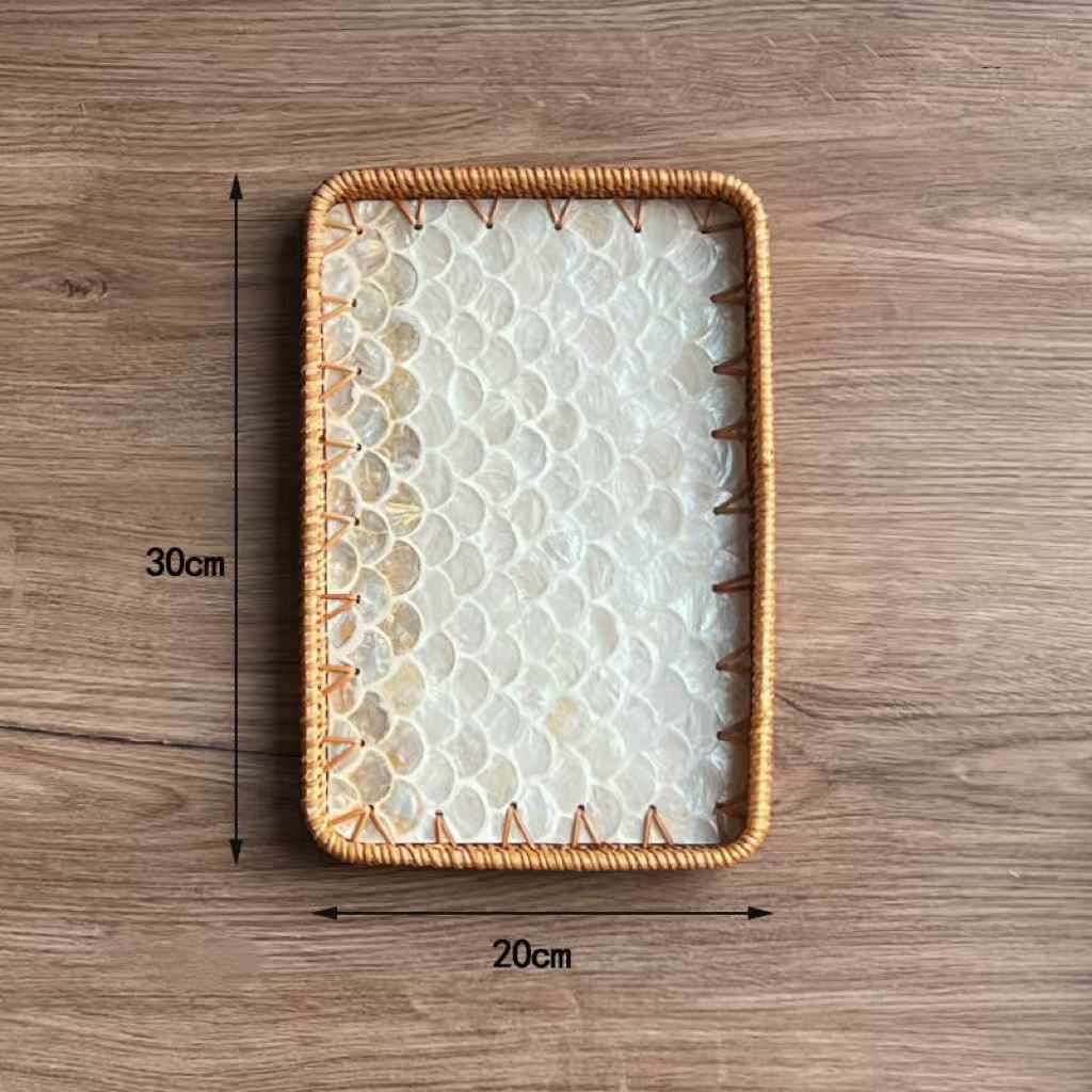 Set of 2 Handmade Rectangular Rattan Tray with Mother of Pearl Inlay