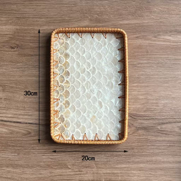 Set of 2 Handmade Rectangular Rattan Tray with Mother of Pearl Inlay