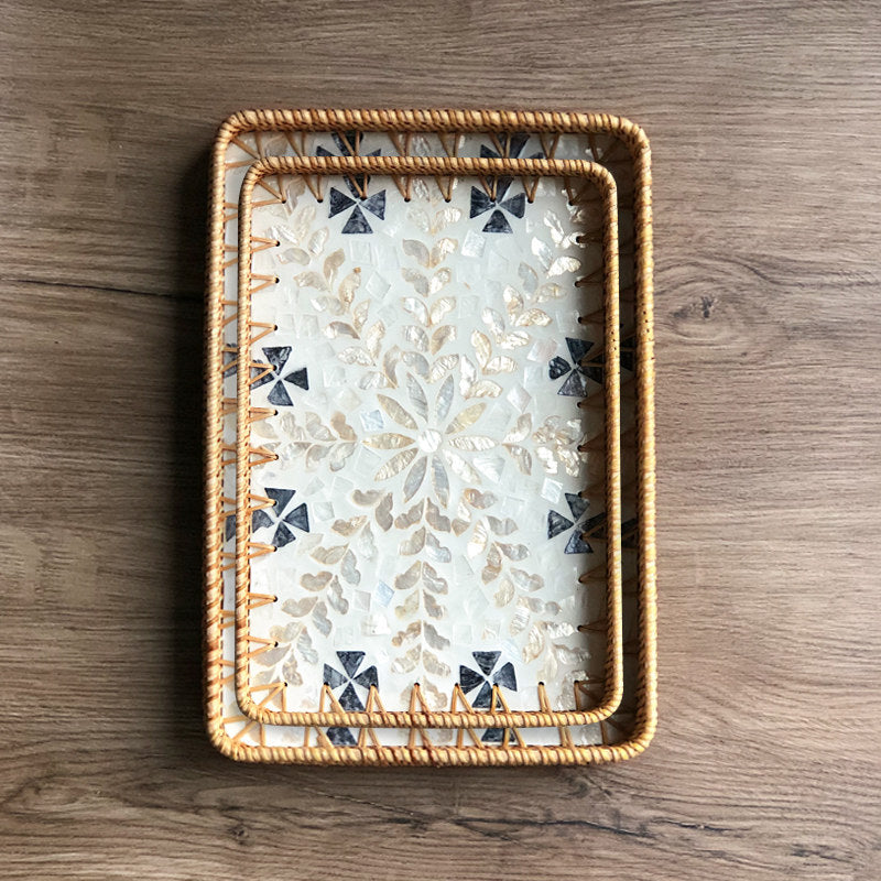 Set of 2 Handmade Rectangular Rattan Tray with Mother of Pearl Inlay