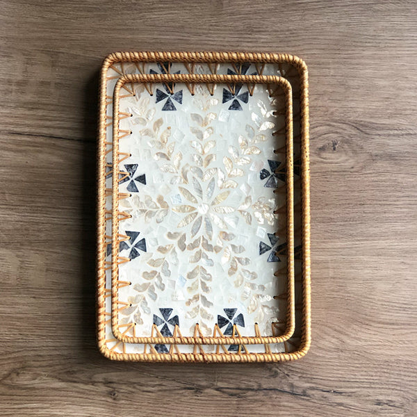 Set of 2 Handmade Rectangular Rattan Tray with Mother of Pearl Inlay