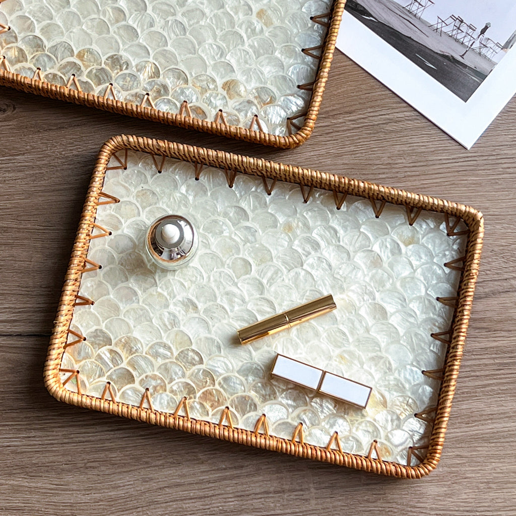 Set of 2 Handmade Rectangular Rattan Tray with Mother of Pearl Inlay