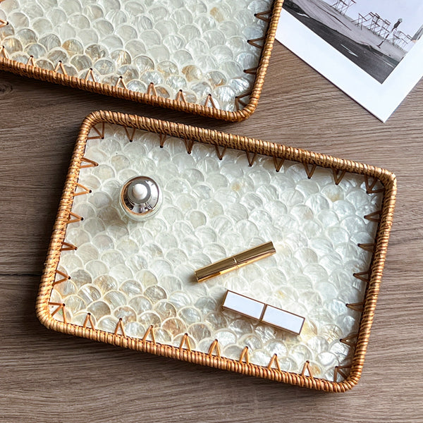 Set of 2 Handmade Rectangular Rattan Tray with Mother of Pearl Inlay