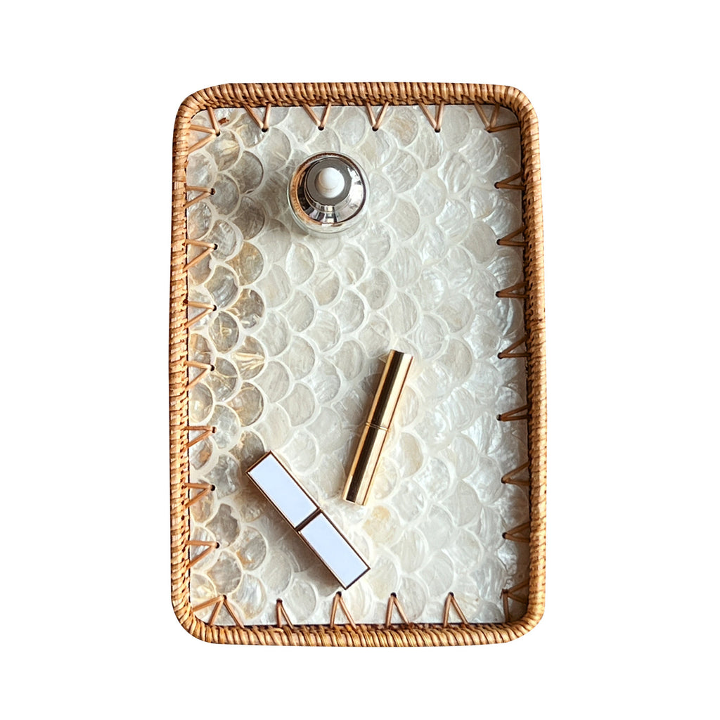 Set of 2 Handmade Rectangular Rattan Tray with Mother of Pearl Inlay