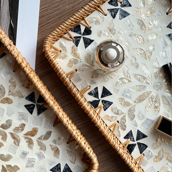 Set of 2 Handmade Rectangular Rattan Tray with Mother of Pearl Inlay