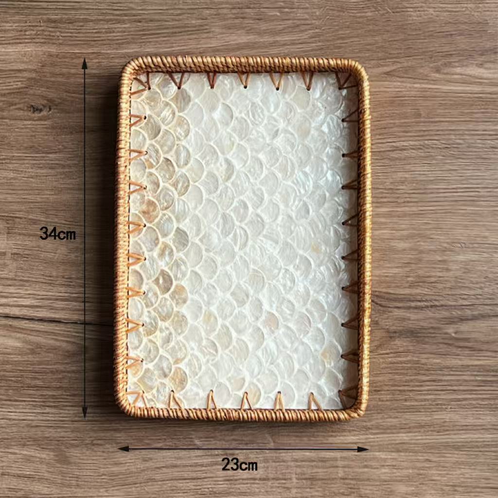 Set of 2 Handmade Rectangular Rattan Tray with Mother of Pearl Inlay