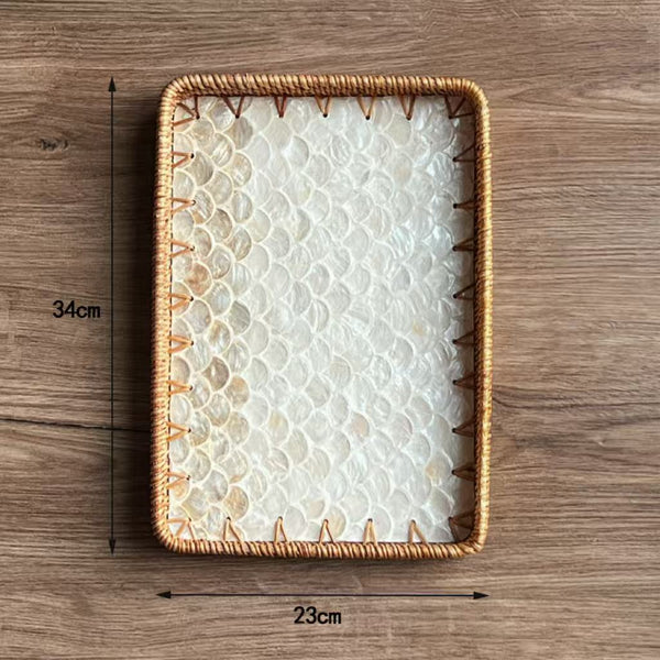 Set of 2 Handmade Rectangular Rattan Tray with Mother of Pearl Inlay