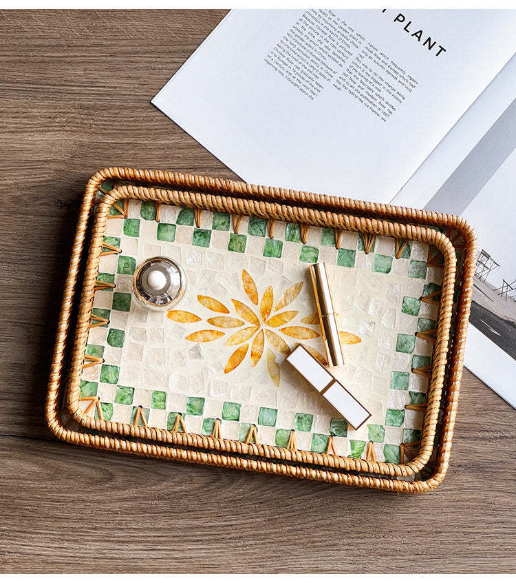 Set of 2 Handmade Rectangular Rattan Tray with Mother of Pearl Inlay