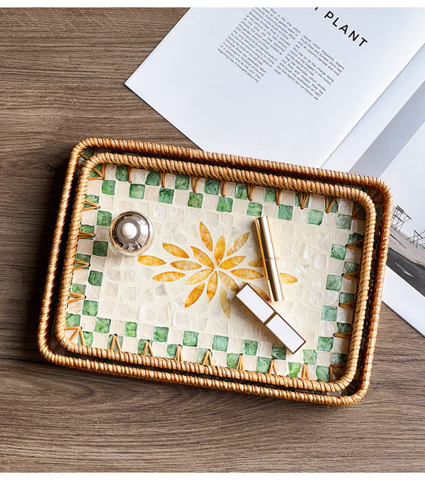 Set of 2 Handmade Rectangular Rattan Tray with Mother of Pearl Inlay