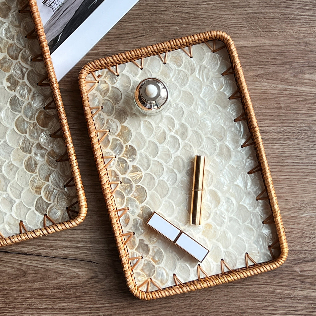 Set of 2 Handmade Rectangular Rattan Tray with Mother of Pearl Inlay