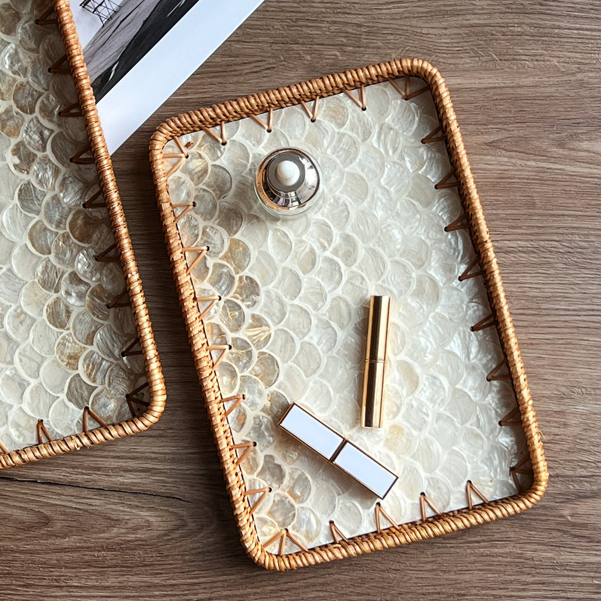 Set of 2 Handmade Rectangular Rattan Tray with Mother of Pearl Inlay