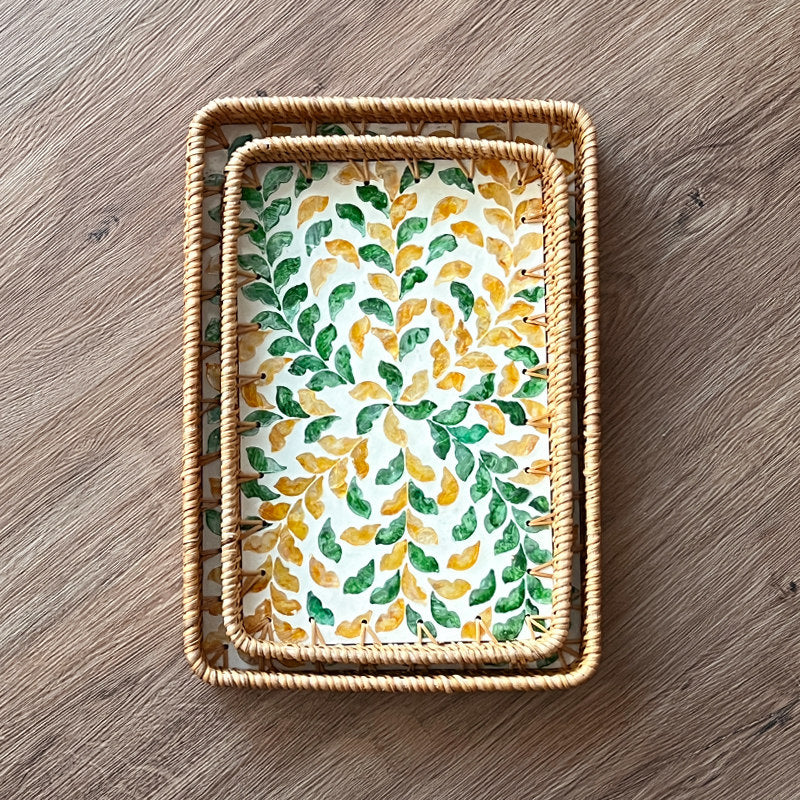 Set of 2 Handmade Rectangular Rattan Tray with Mother of Pearl Inlay