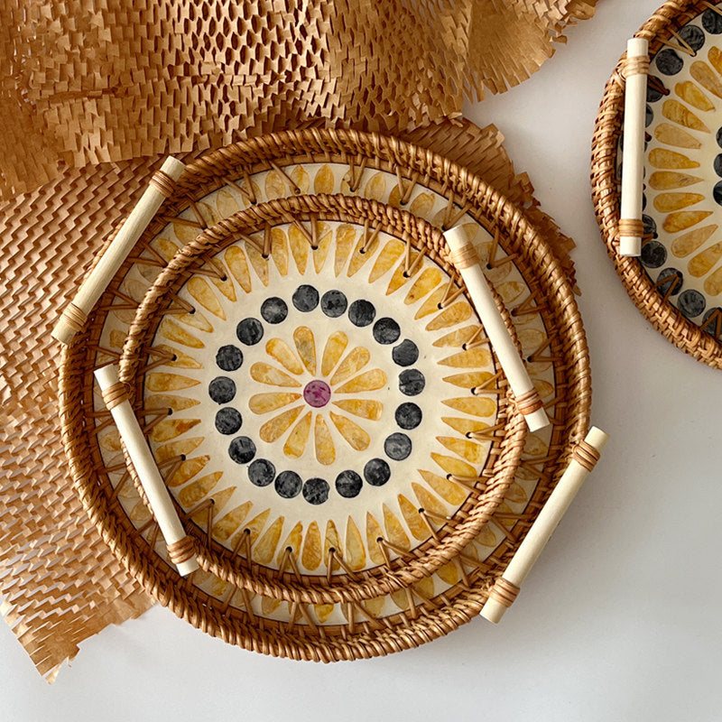 3 PCS Rattan Serving Tray with Handles Woven Wicker Decorative Tray