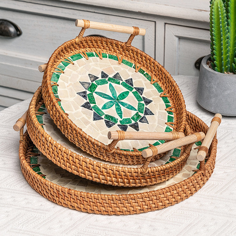 3 PCS Rattan Serving Tray with Handles Woven Wicker Decorative Tray
