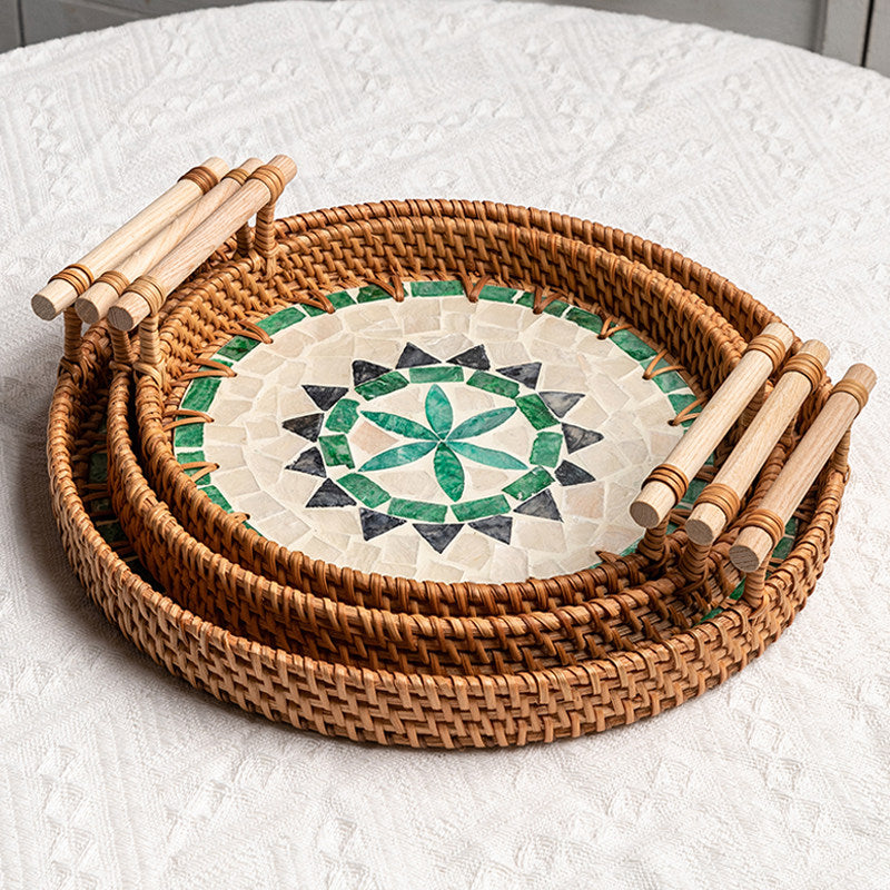 3 PCS Rattan Serving Tray with Handles Woven Wicker Decorative Tray