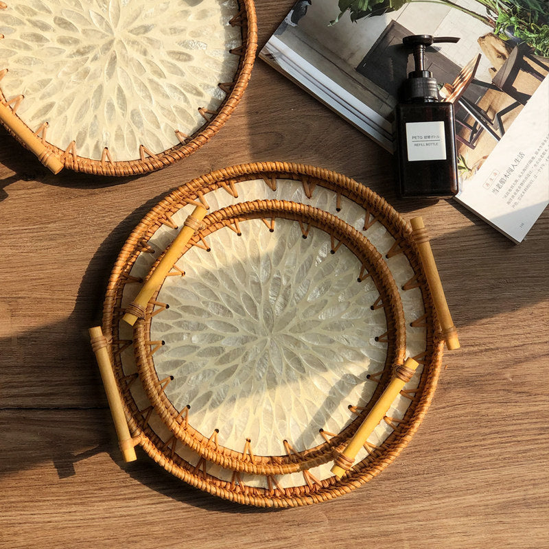3 PCS Rattan Serving Tray with Handles Woven Wicker Decorative Tray