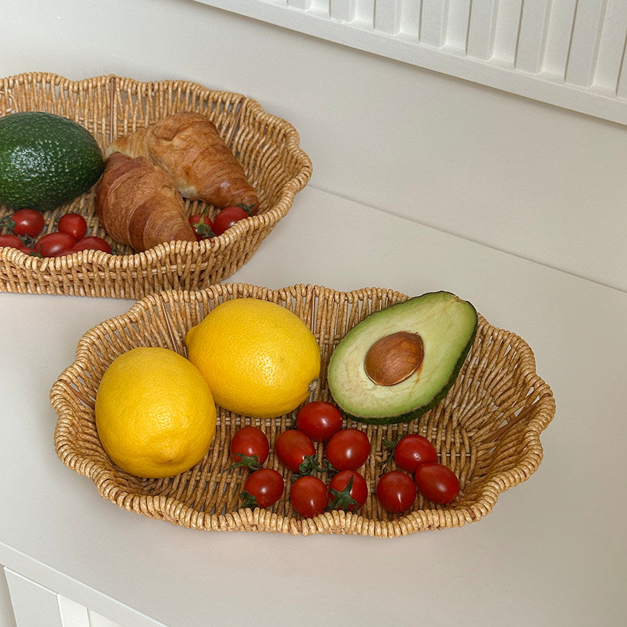 2 PCS Hand-Woven Wicker Bread Basket Scalloped Rattan Tray