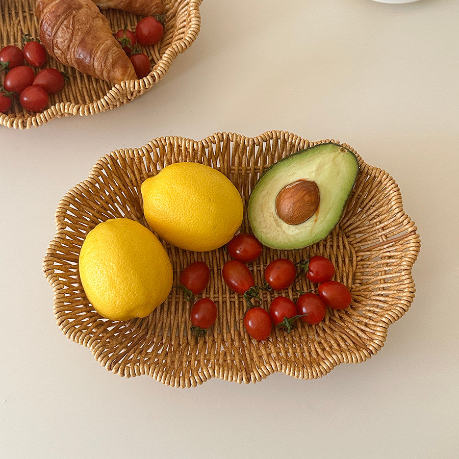 2 PCS Hand-Woven Wicker Bread Basket Scalloped Rattan Tray