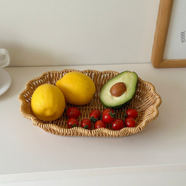 2 PCS Hand-Woven Wicker Bread Basket Scalloped Rattan Tray