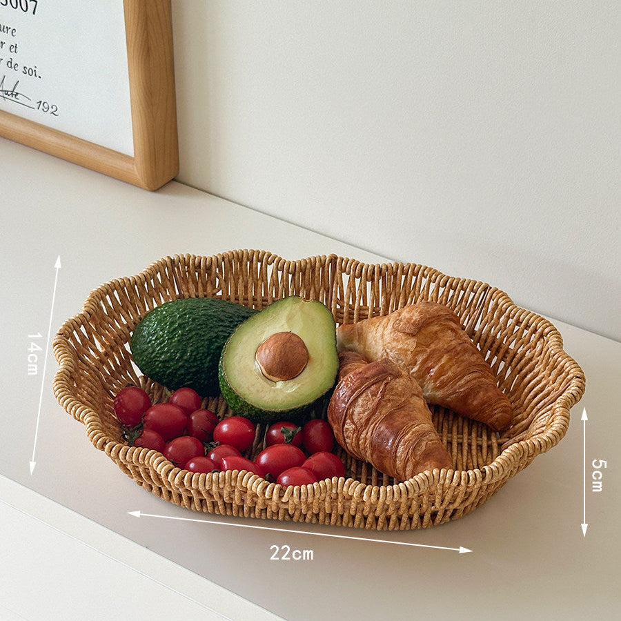 2 PCS Hand-Woven Wicker Bread Basket Scalloped Rattan Tray