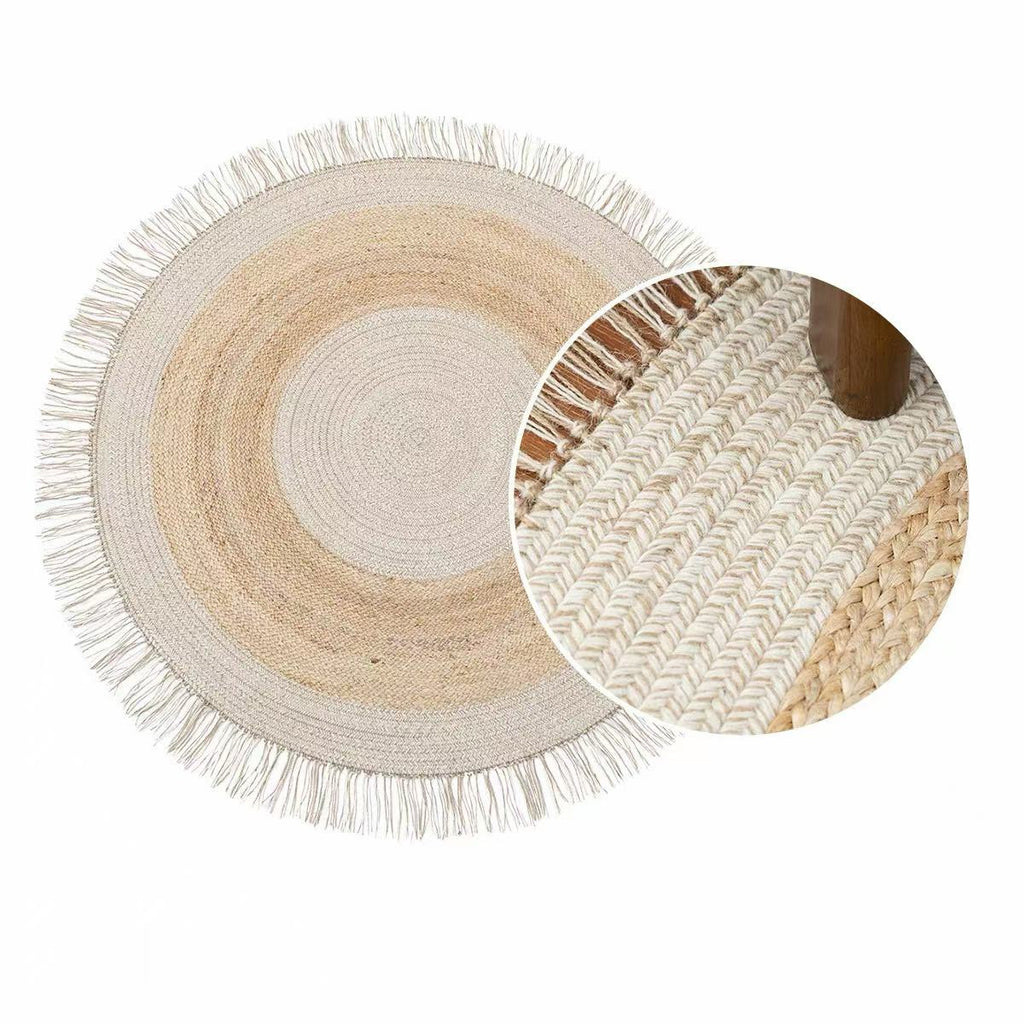 Wool & Jute Round Hand-Woven Wabi-Sabi Vintage Rug with Tassels