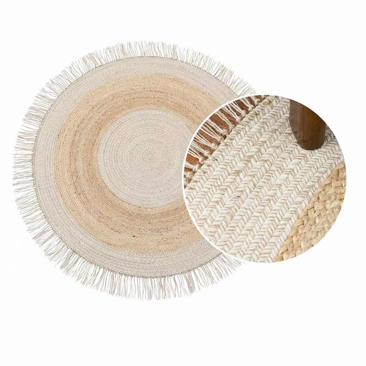 Wool & Jute Round Hand-Woven Wabi-Sabi Vintage Rug with Tassels