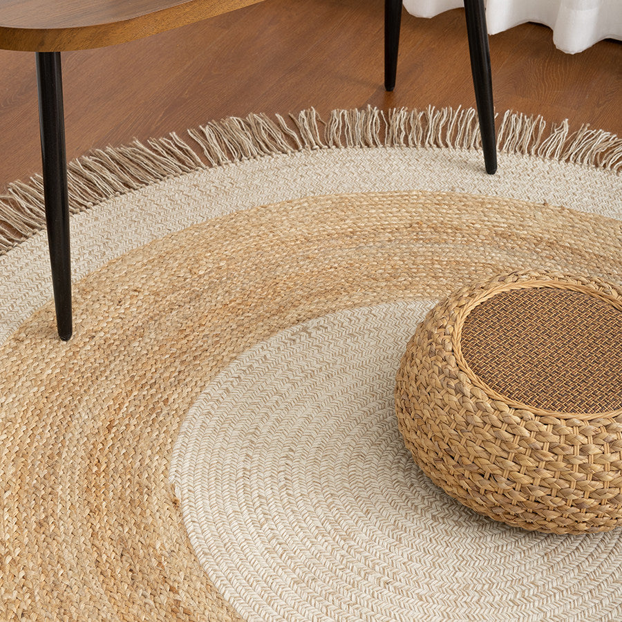 Wool & Jute Round Hand-Woven Wabi-Sabi Vintage Rug with Tassels