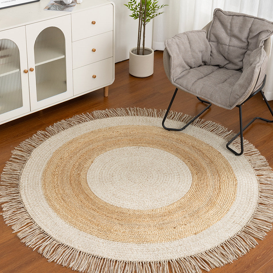 Wool & Jute Round Hand-Woven Wabi-Sabi Vintage Rug with Tassels Main image