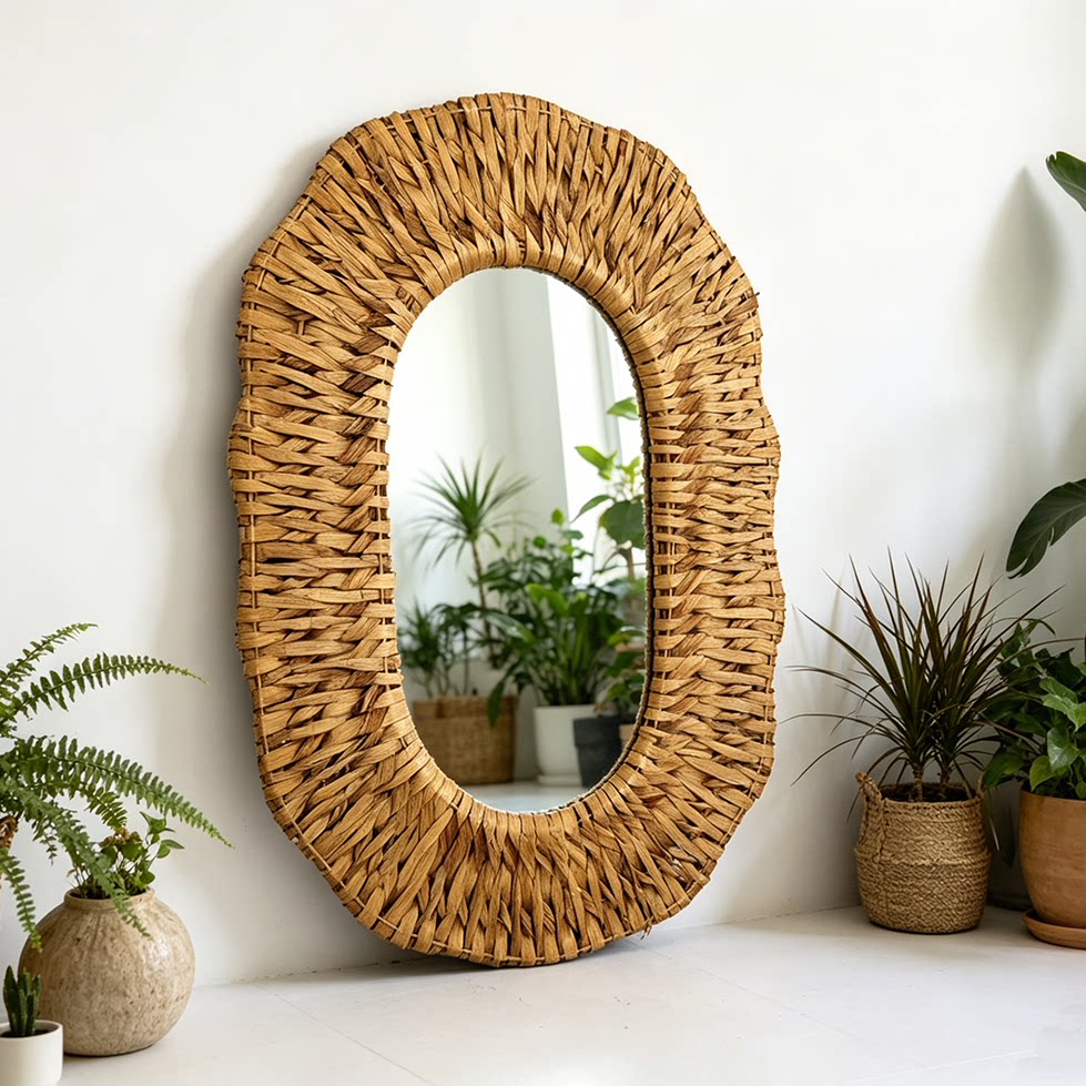 Bohemian Style Reed Woven Wall Mirror