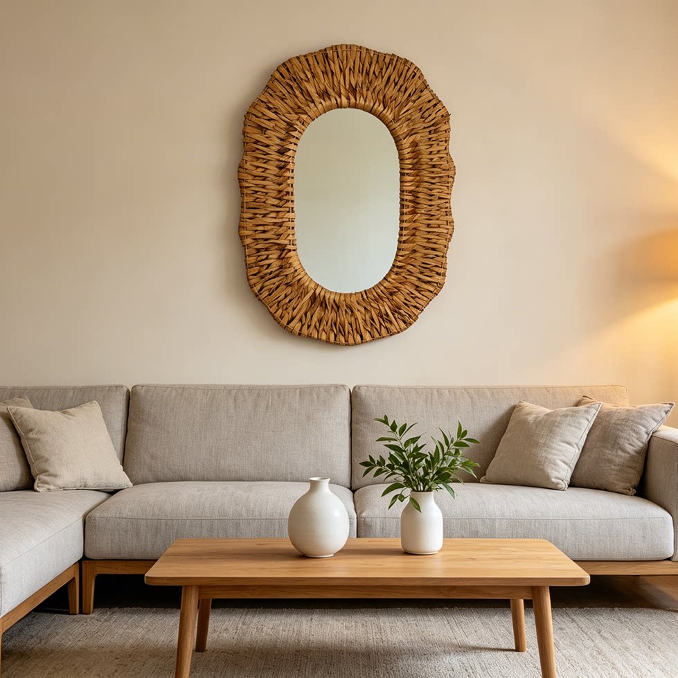 Bohemian Style Reed Woven Wall Mirror