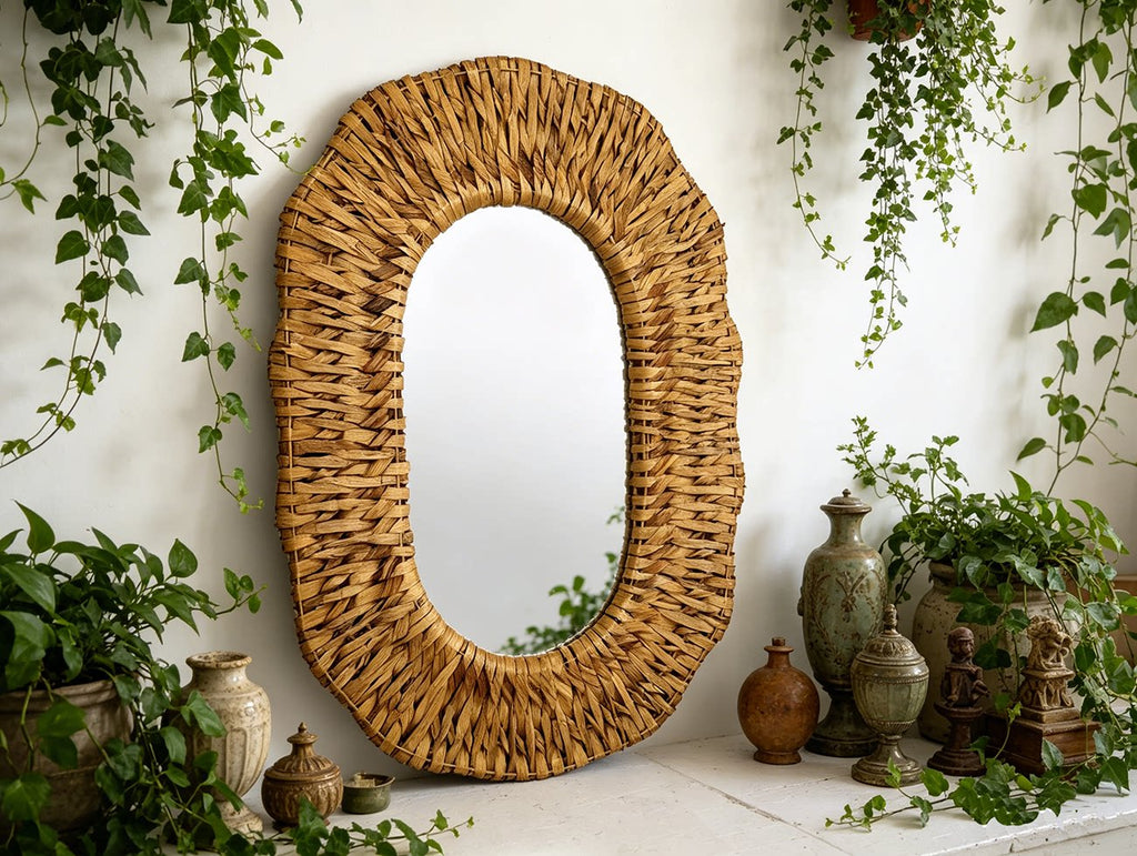 Bohemian Style Reed Woven Wall Mirror