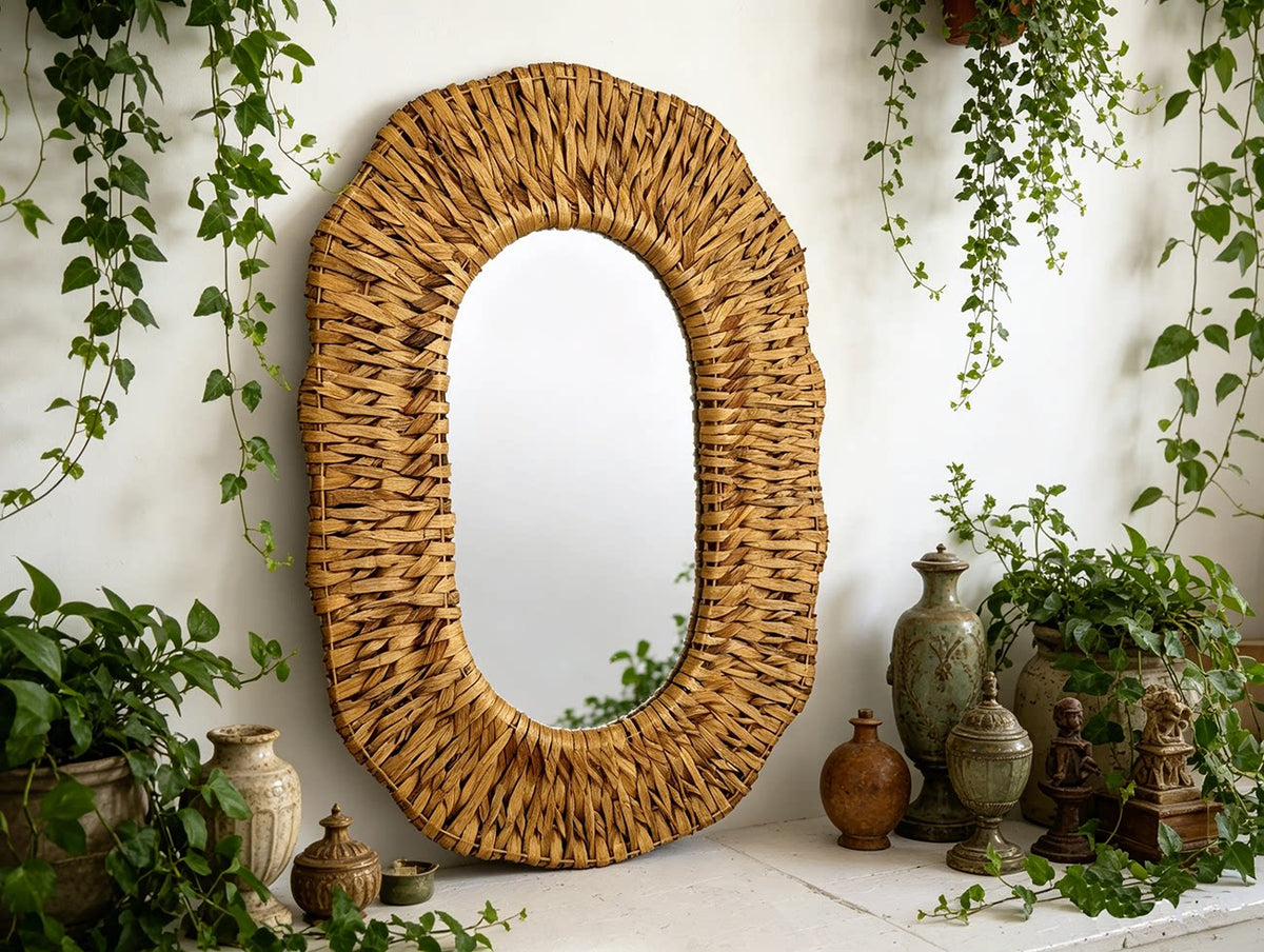 Bohemian Style Reed Woven Wall Mirror