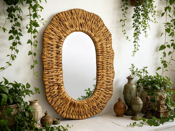 Bohemian Style Reed Woven Wall Mirror