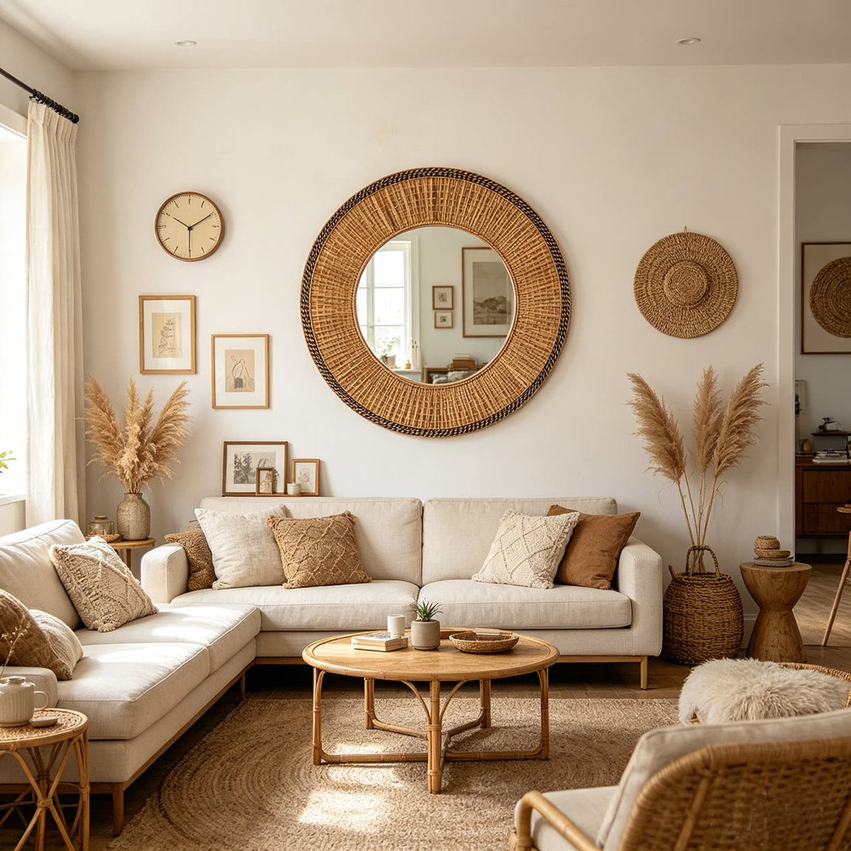 Round Mirror Wicker Rattan Boho Wall Hanging Decor Main image