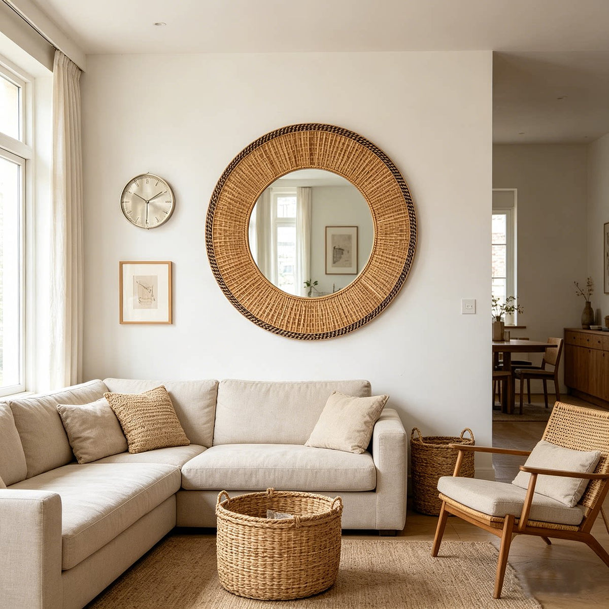 Round Mirror Wicker Rattan Boho Wall Hanging Decor