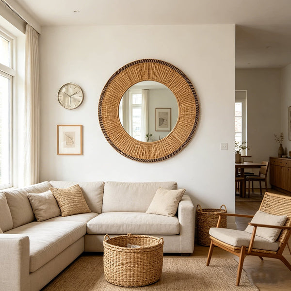 Round Mirror Wicker Rattan Boho Wall Hanging Decor