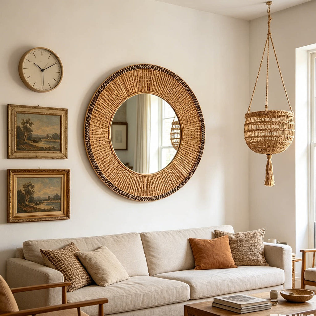 Round Mirror Wicker Rattan Boho Wall Hanging Decor
