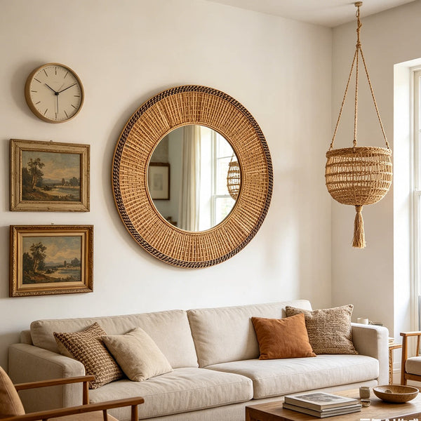 Round Mirror Wicker Rattan Boho Wall Hanging Decor