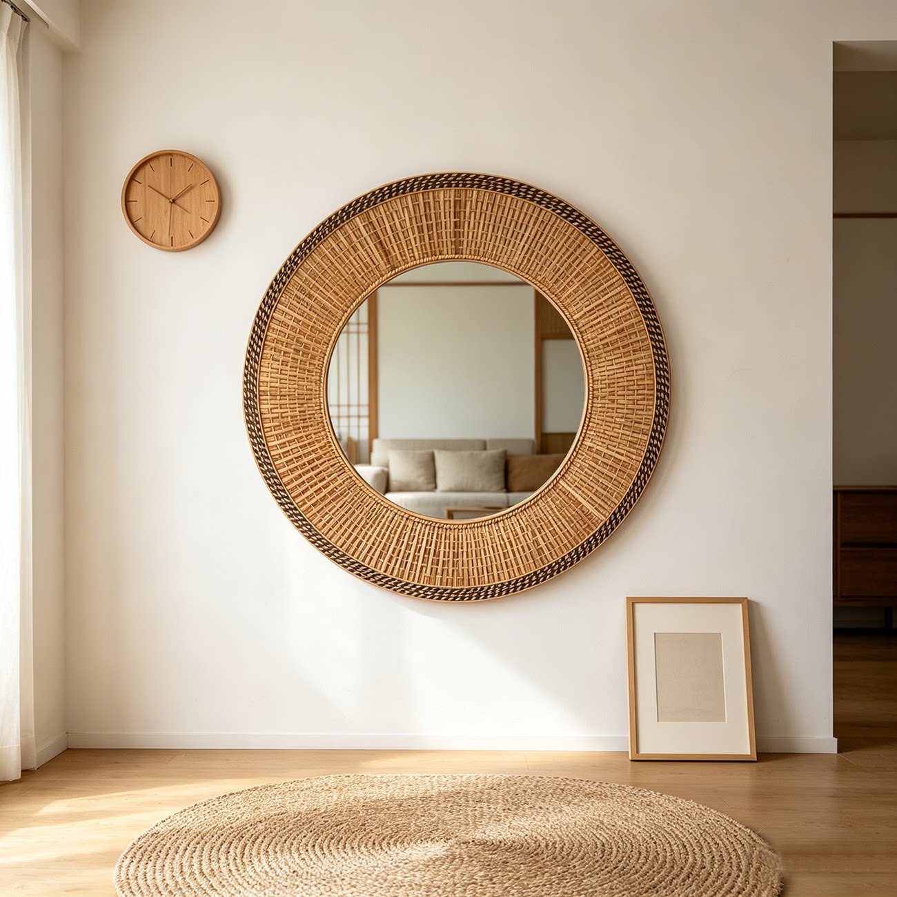 Round Mirror Wicker Rattan Boho Wall Hanging Decor Secondary image
