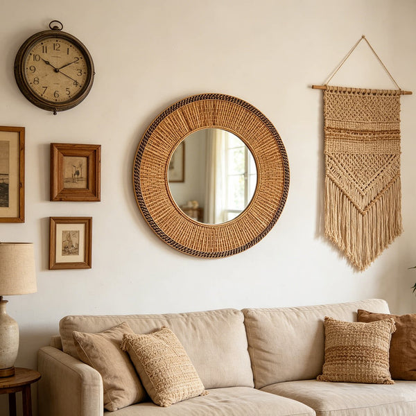 Round Mirror Wicker Rattan Boho Wall Hanging Decor