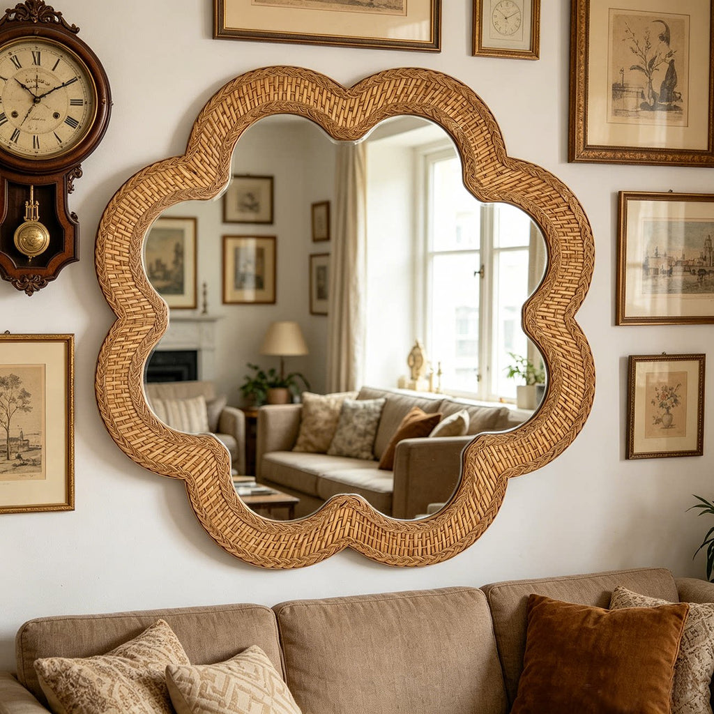 Woven Rattan Face & Scalloped Shape Mirror