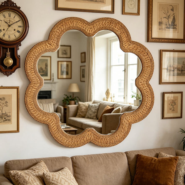 Woven Rattan Face & Scalloped Shape Mirror